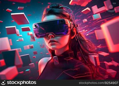 Young girl getting experience VR headset is using augmented reality eyeglasses being in virtual reality. Neural network AI generated art. Young girl getting experience VR headset is using augmented reality eyeglasses being in virtual reality. Neural network AI generated