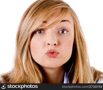 young girl give kiss to the camera on isolated background