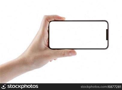 Young girl hand holding black smart phone isolated on white clipping path inside