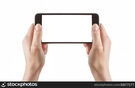 Young girl hands holding black smart phone isolated on white clipping path inside