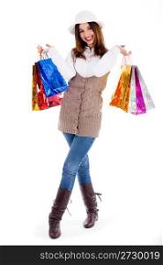 Young girl happy with lot of shopping bags on a isolated background