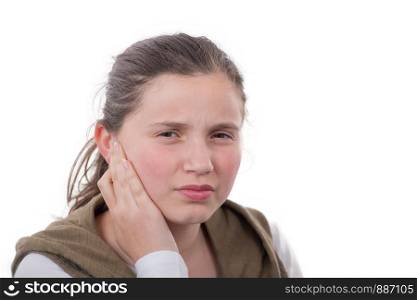 young girl has earaches isolated on white background
