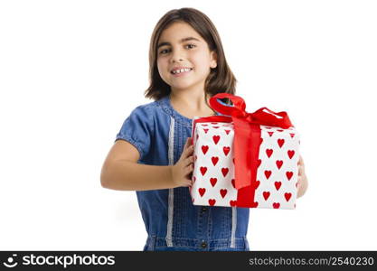 Young girl holding a a Christmas present