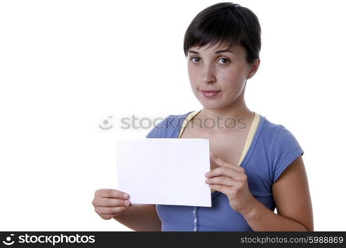 Young girl holding a card, close up