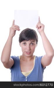 Young girl holding a card in the top of the head