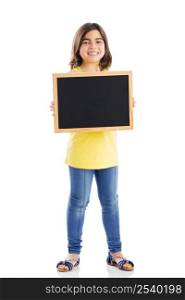 Young girl holding a chalkboard, isolated on white
