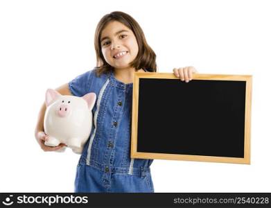 Young girl holding a piggybank and a chalkboard