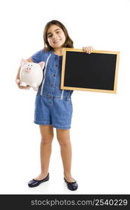 Young girl holding a piggybank and a chalkboard