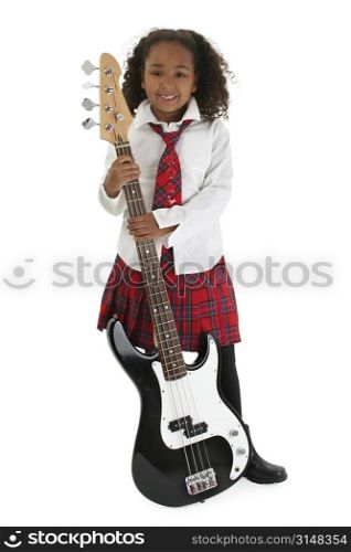 Young girl holding bass guitar.