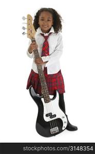 Young girl holding bass guitar.
