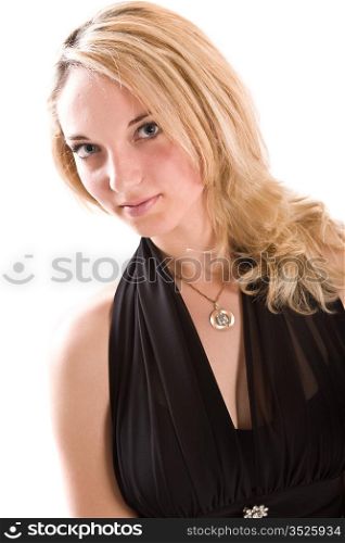young girl in a black dress. isolated on white