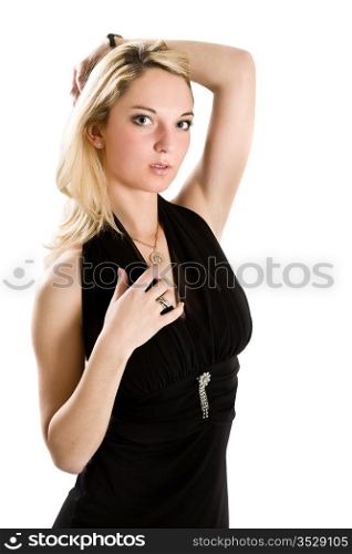 young girl in a black dress. isolated on white