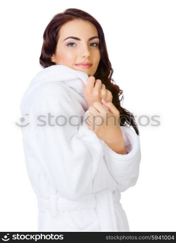 Young girl in bathrobe isolated