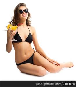 Young girl in bikini with coctail isolated