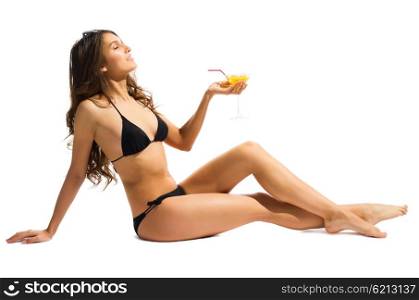 Young girl in bikini with coctail isolated