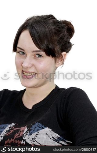 Young girl in black t-shirt isolated on the white background