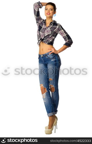 Young girl in blue jeans isolated