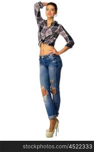 Young girl in blue jeans isolated