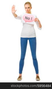 "Young girl in blue jeans with "No" placard isolated"