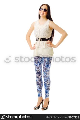 Young girl in blue pants isolated