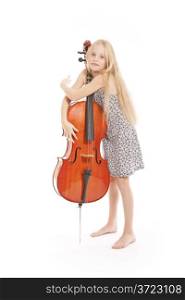 young girl in dress and her cello in studio against white background