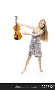 young girl in dress showing her violin in studio