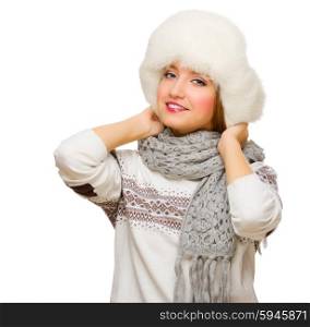 Young girl in fur hat isolated