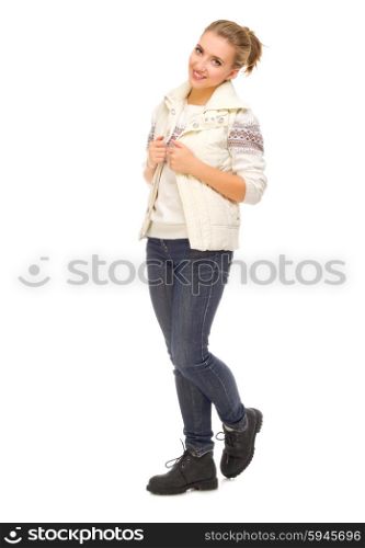 Young girl in jeans and jacket isolated