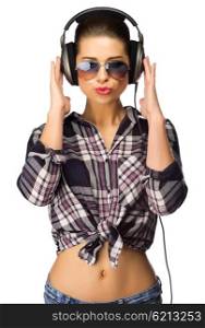 Young girl in jeans listen music isolated