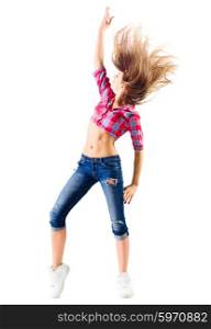 Young girl in jeans modern dancer isolated