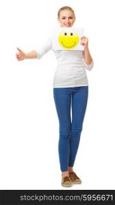 Young girl in jeans with smile poster isolated