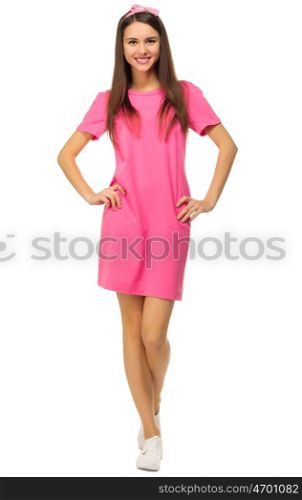 Young girl in pink dress isolated