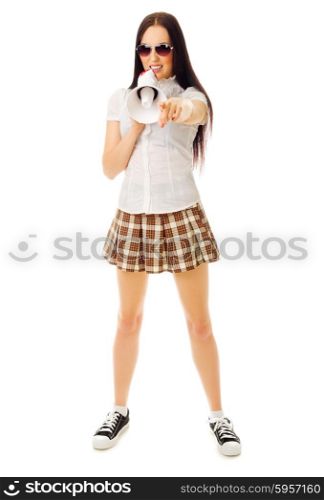 Young girl in plaid skirt and megaphone isolated