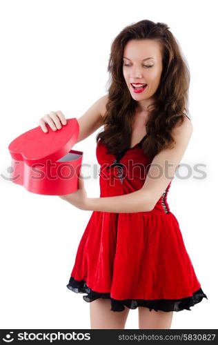 Young girl in red dress with heart casket isolated on white