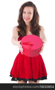 Young girl in red dress with heart casket isolated on white