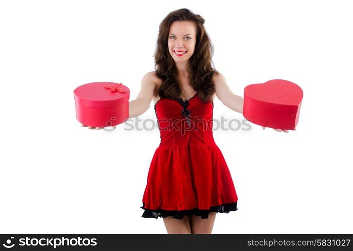 Young girl in red dress with heart casket isolated on white