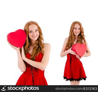Young girl in red dress with heart casket isolated on white. The young girl in red dress with heart casket isolated on white