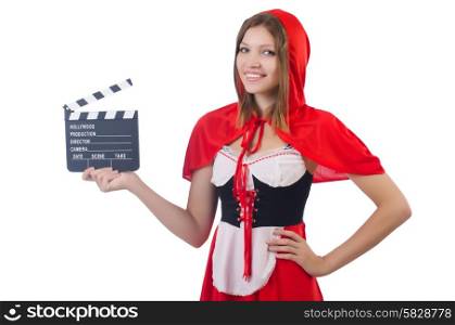 Young girl in red hood with movie board isolated on white