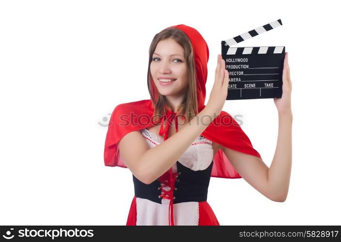 Young girl in red hood with movie board isolated on white