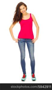 Young girl in red shirt and blue jeans isolated