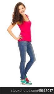 Young girl in red shirt and blue jeans isolated