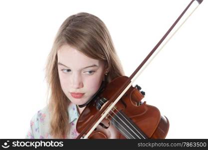 young girl in studio against white background plays the violin