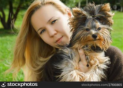 young girl in sunny summer day holding yorkshire terrier. focus on dog