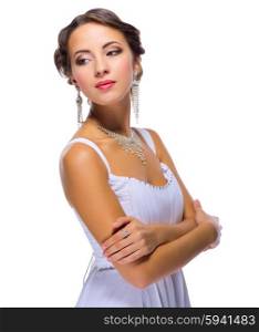 Young girl in wedding dress isolated