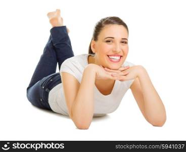 Young girl laying on the floor isolated