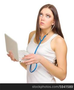 Young girl listen laptop by stethoscope isolated