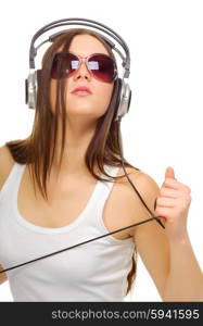 Young girl listen music isolated