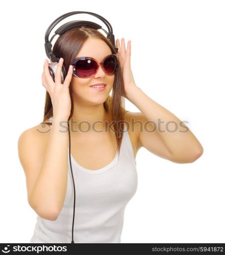Young girl listen music isolated