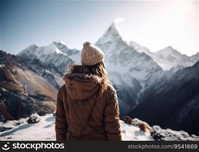 Young girl looking on mountain peak during travel hiking trip.AI Generative