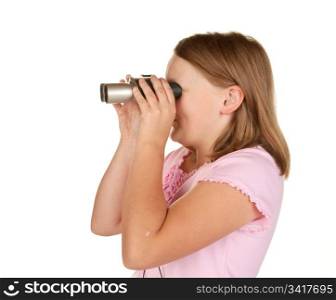 young girl looking through binoculars on white